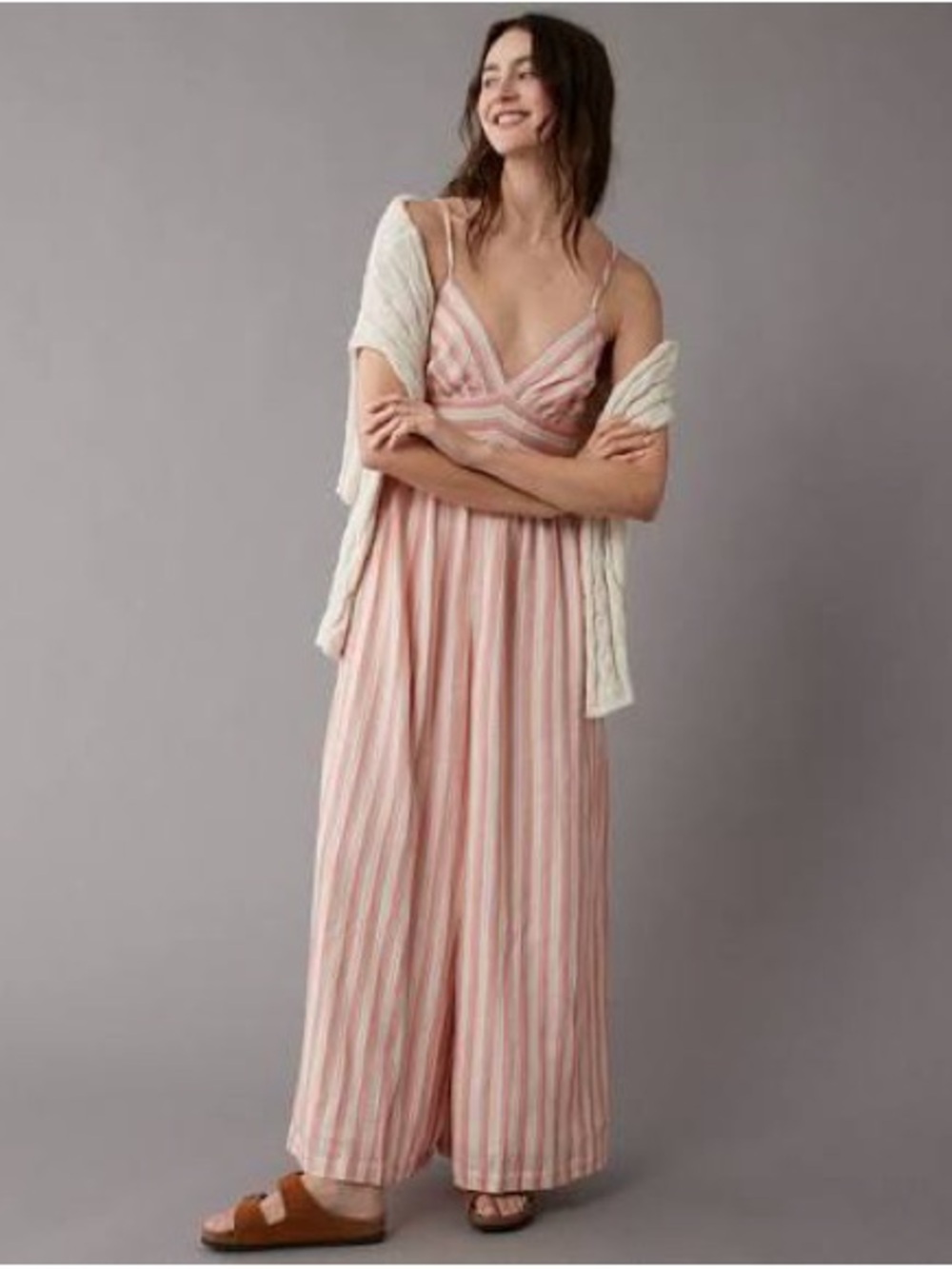 American Eagle pink striped jumpsuit one piece romper wide leg